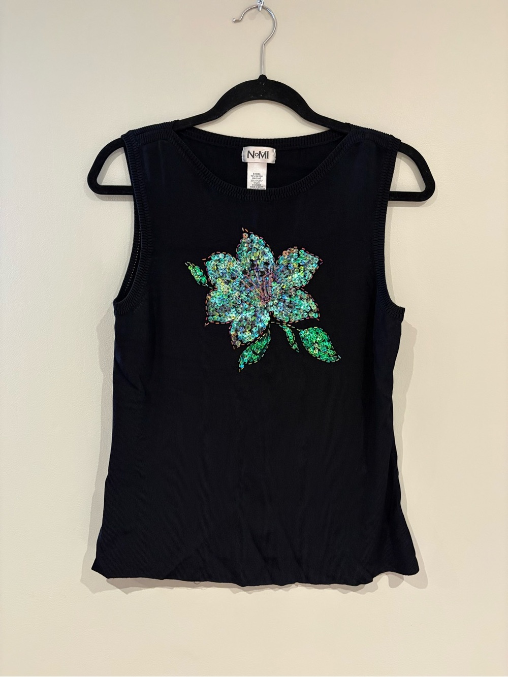 Y2K nomi Black Tank Top with Green Sequin Floral
